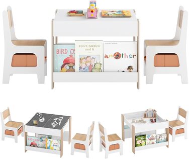 Детский стол со стульями COSTWAY 3 в 1, деревянный стол для рисования с ящиком, комплект детской мебели для детей от 3 лет, столешница с покрытием (Натуральный, Комбинированный)