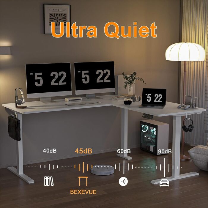 Електричний кутовий стіл BEXEVUE 160x140 см з регулюванням висоти, 3 пам'яті, антиколізійна система, для дому та офісу