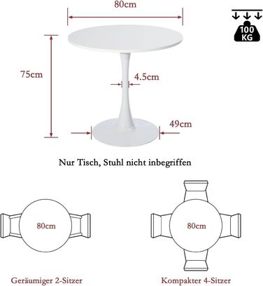 Круглий обідній стіл Cosy - компактний стіл для кухні, вітальні, офісу, 80x80x75 см, білий