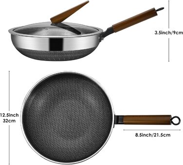 Сковорода вок Yisodina 32 см, скляна кришка, знімна дерев'яна ручка, нержавіюча сталь з антипригарним покриттям, можна мити в посудомийній машині, індукційна сковорода вок, всі типи плит