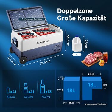 Автомобільний компресорний холодильник AAOBOSI 50л з Wi-Fi, 12/24V та 220V, -20°C для авто, кемпінгу, подорожей, двозонний, з регулюванням температури