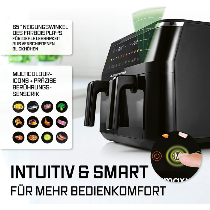 Фритюрниця повітряна GOURMETmaxx з 2 камерами | Об'єм 10л | Вертикальна, з сенсорним дисплеєм