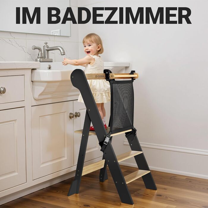 COSYLAND Монтессорі навчальний столик-сходинка для дітей від 1 року, регульована висота, складаний | Навчальний столик-сходинка для кухні | Темно-сірий-натуральний | COSYLAND
