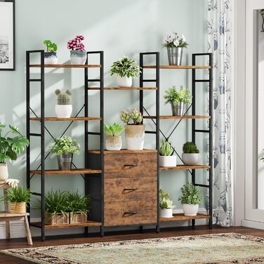 Стильна полиця-стеллаж з 4 висувними ящиками з тканини, 100W x 142Hcm, для книг, кухні, вітальні, офісу, балкону, в індустріальному стилі (4 яруси, 120cm, рустикальне дерево)