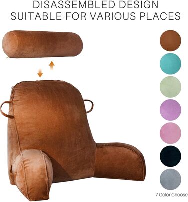 М'яке крісло-подушка для читання з велюру, для дорослих, з підставкою для спини та підлокітниками, з кишенею та знімним чохлом (колір кава)