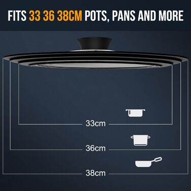 Універсальна скляна кришка для каструль та сковорід Walfos (33, 36, 38 см) з силіконовим обідком, термостійка, чорна