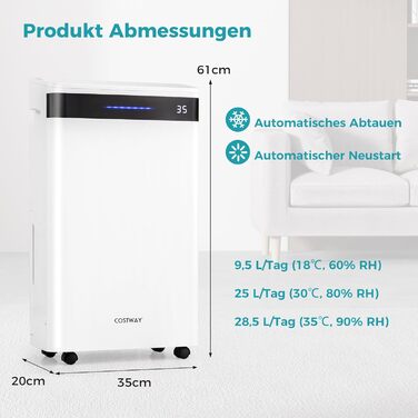 Електричний осушувач повітря COSTWAY 3 режими, 30м², 6.5л бак, таймер 24г, 2 швидкості, тихий режим ≤42dB, 28.5л/день