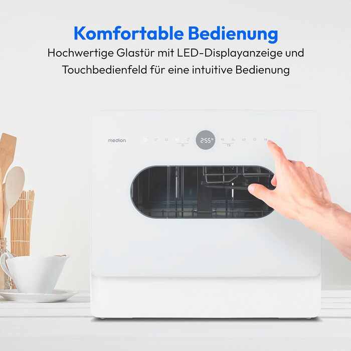 MINI посудомийна машина MEDION DWT51 (біла, зі скляними дверцятами, 5 комплектів посуду, таймер, без підключення до води)