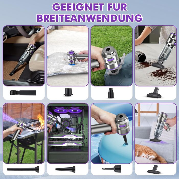 Акумуляторний ручний пилосос 4-в-1 для авто та дому, бездротовий пилосос з потужністю 28000Па та електричним обдувом (3 режими, 24000 об/хв) для прибирання салону, кухні, ПК та диванів