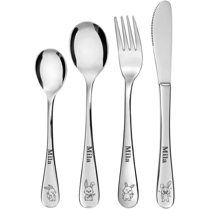 Дитячий набір столових приборів Geschenkegarten з гравіюванням імені (Кролик)
