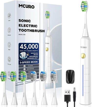 Електрична звукова зубна щітка з 6 насадками DuPont, 5 режимів, таймер, індикатор заряду, 120 днів роботи від акумулятора, 45000 VPM, відбілювання за 1 тиждень