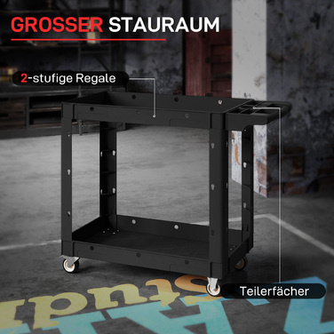 Набір інструментів на коліщатках з двома ящиками, ручка, колеса, пластик, чорний