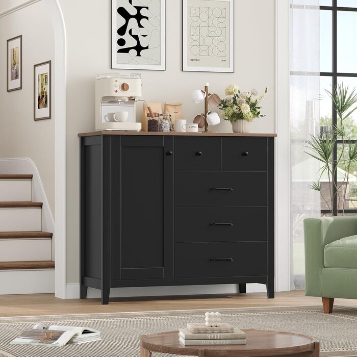 Сайдборд HOCSOK: кухонна шафа з 5 шухлядами та 1 дверцятами, буфет з робочою поверхнею, колір білий+коричневий