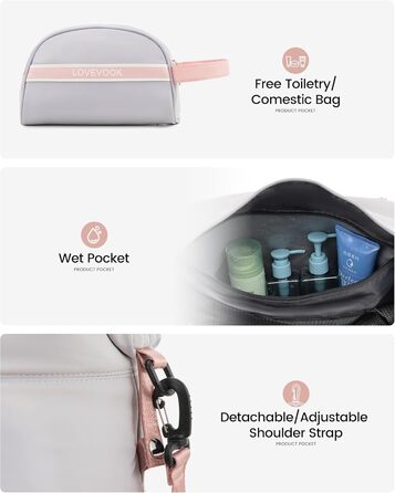 Спортивна сумка LOVEVOOK для жінок: дорожня, для плавання, фітнесу, клініки. 30L, водонепроникна, сіра + рожевий ремінець