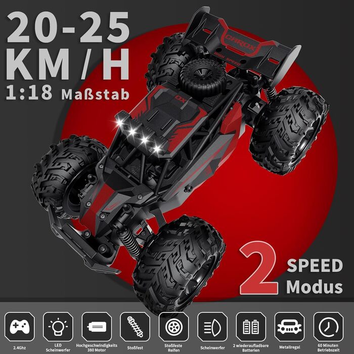 Радіокерований позашляховик Carox 1:18, 2.4 GHz, 25 км/год, Monstertruck з підсвічуванням (Червоний)