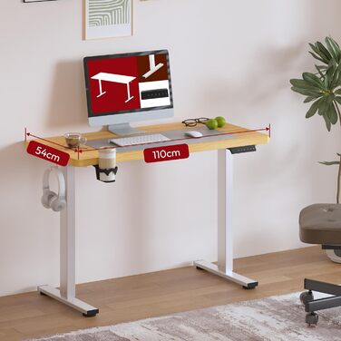 Регульований стіл Sanodesk з великою стільничною поверхнею, аксесуарами (підстаканник, гачки, органайзер, кабель-менеджмент), ергономічний для офісу та дому, шпон берези, 110x54 см, білий+шпон берези