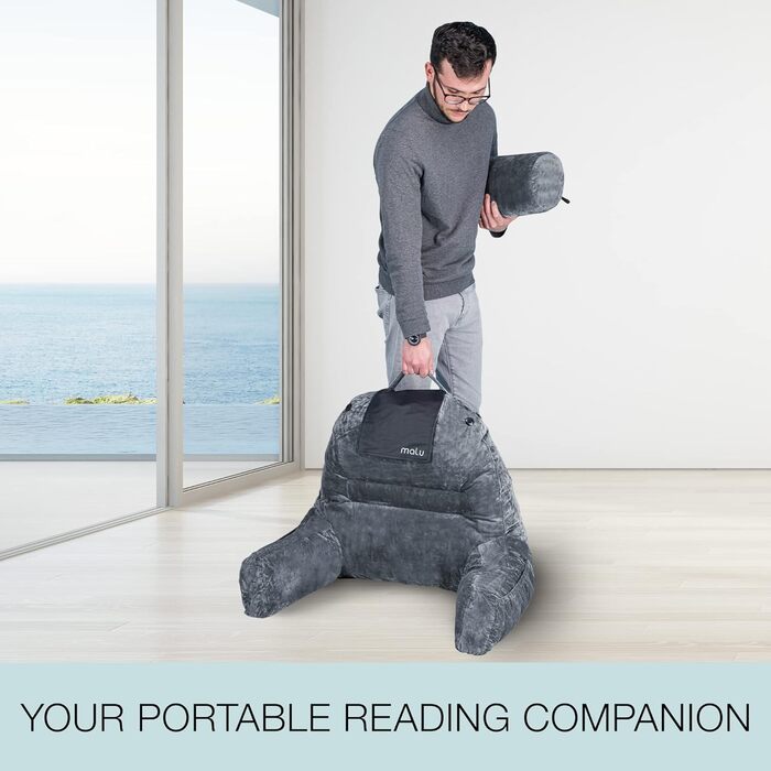Велике подушко-крісло для читання Malu, ергономічна подушка з підтримкою спини для ліжка + ролик для шиї, з подрібненим пінополіуретаном Memory Foam, для використання в ліжку, на дивані або на підлозі, чорний