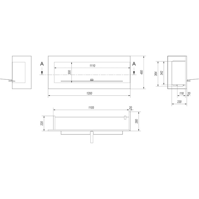 Мм Камін з лівою стінкою Ethanol Black Corner Fireplace (1200 x 280 мм), 600x280