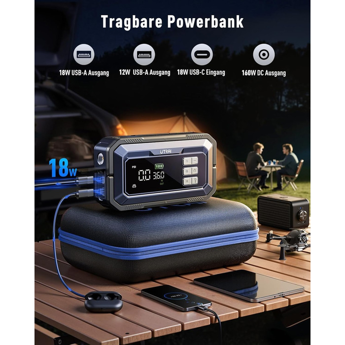 Powerbank-пусковий пристрій UTRAI 7000A з компресором та OBD-сканером. 2000 люмен LED, 160W DC, для бензинових та дизельних авто