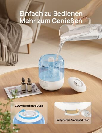 Зволожувач повітря Dreo для спальні, ультразвуковий холодний туман, 30 годин роботи, 3L резервуар з верхнім заповненням, датчик вологості, нічне світло для дітей, кімнати, рослин та дому (Blue)