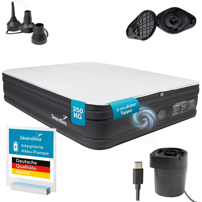 Надувна повітряна матрац Skandika Sveja Flex з USB-насосом | Матрац для кемпінгу, 204x151x43 см, 300 кг, для 2 осіб