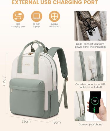 LOVEVOOK Рюкзак для жінок, 15.6 дюймів, рюкзак для школи, дівиччий рюкзак з відділенням для ноутбука, водонепроникний, для подорожей, роботи, навчання, рюкзак для університету, офісу, відпочинку, 15.6 дюймів, 1 світло-зелено-бежевий