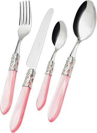 Набір столових приборів Bugatti Aladdin для 6 осіб (24 предмети) з нержавіючої сталі 18/10, хромуванням та ручками з ефектом перламутру (рожевий)