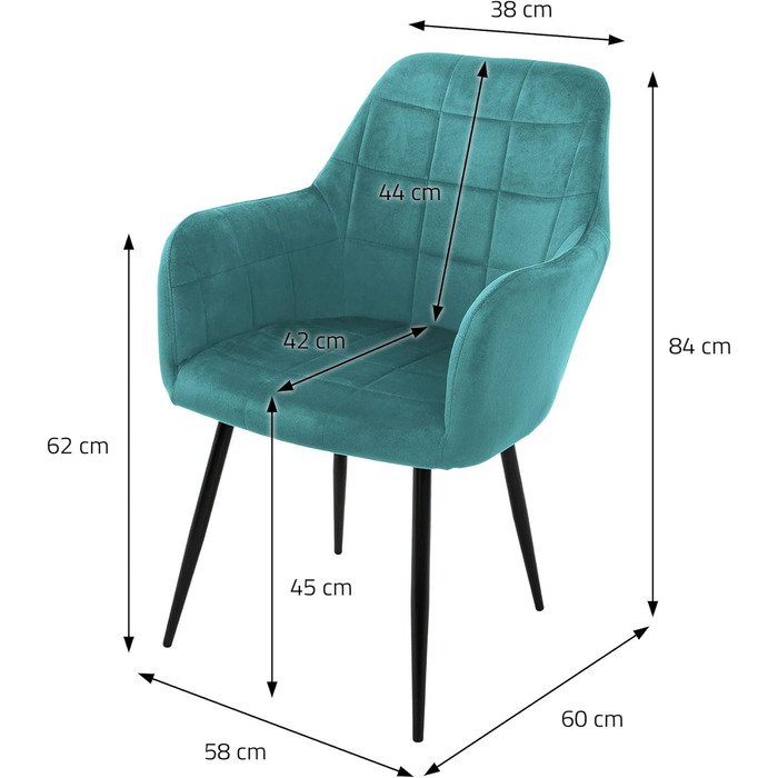 ECD Germany 6 стільців для їдальні з підлокітниками та спинкою, м'які крісла з велюровим покриттям, металеві ніжки, ергономічні стільці для обіднього столу, бірюзовий колір