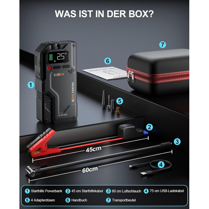 Powerbank з компресором Starthilfe 6500A: автостартер 12V для легкових автомобілів з повітряним насосом, бустер-акумулятор (для 9.0L бензину/8.5L дизеля) з пусковими кабелями, LED ліхтар 500 люмен (чорний), піковий струм 6500A