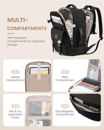 LOVEVOOK Рюкзак для ручної поклажі, жіночий рюкзак для подорожей, водонепроникний рюкзак для ноутбука 17 дюймів, шкільний рюкзак для жінок/студенток, чорний/коричневий (45x32x15 см)