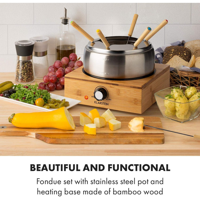 Фондю Klarstein Bambus 1.3л, 800 Вт, нержавіюча сталь, бамбукова база, 6 виделок