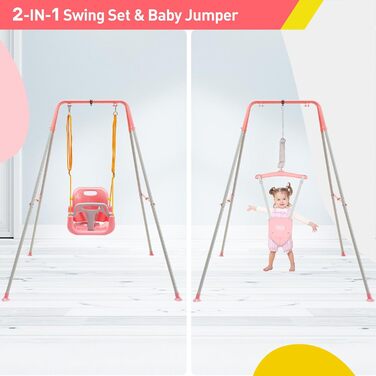 FUNLIO Набір гойдалок 2-в-1 та дверний хопер для малюків, гойдалка для дітей з 4 мішками з піском, складаний металевий стійкий каркас для використання в приміщенні та на вулиці, легко збирається та зберігається - (Рожевий)