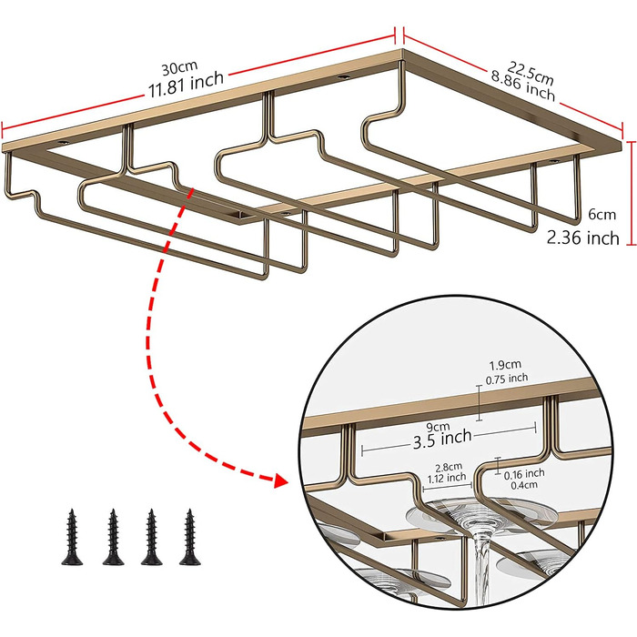Підставка для келихів FIAMER - металева підставка для винних келихів, підвісна полиця для кухні, бару та ресторану (Золота, 3 ряди, 1 шт.)