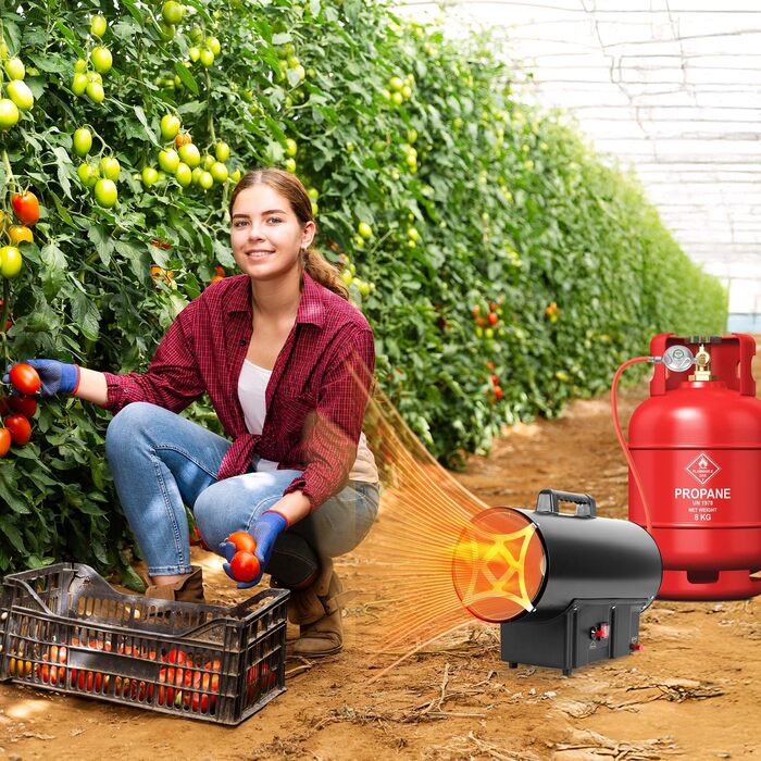 Газовий нагрівач для приміщень Ikodm (15 кВт), 220V, 320 м³/год, з газовим шлангом 1,2м та редуктором тиску 700 мбар