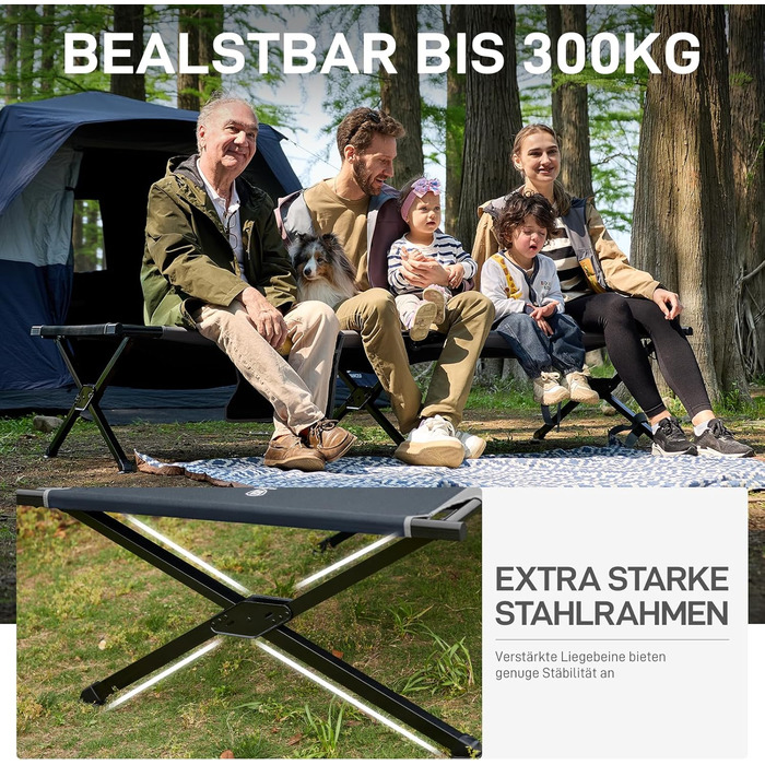 Розкладне ліжко для кемпінгу EVER ADVANCED XXL (214x106 см), посилене кемпінг-ліжко до 300 кг, сіре