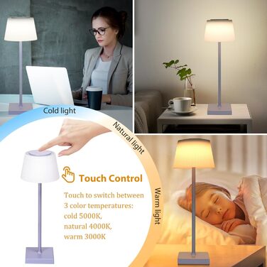 LED лампа Aigostar на акумуляторі, торшери бездротові, торшер з сенсорним керуванням, регулювання яскравості, 3 колірні температури, нічник IP54 вологостійкий для дому та саду, спальня, вітальня, ресторан, сад - (фіолетовий)