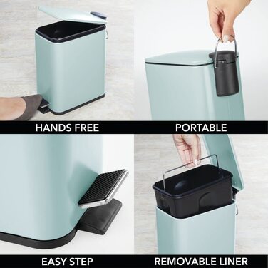 Прямокутна кошик для сміття MDESIGN-кошик для сміття об'ємом 5 л з нержавіючої сталі з педаллю, кришкою і пластиковою вставкою-елегантне косметичне відро або кошик для сміття для ванної, кухні та офісу- (м'ятно-зелений)