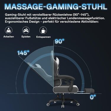 Крісло геймінгове, офісне з підніжкою, ергономічне, регулювання спинки 90-135°, вантажопідйомність 150 кг, біле