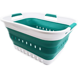 Складна Пластикова корзина для білизни SAMMART 30L з 3 ручками-складаний спливаючий контейнер для зберігання / Органайзер-портативний піддон для прання-компактна кошик / кошик (білий / темно-зелений)