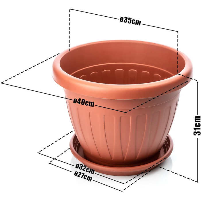 Квітчар BigDean 3X: набір з 3 круглі горщики для квітів з підставкою, 40x31 см, терокота, для дому та саду