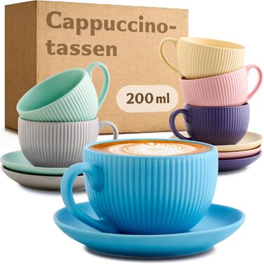 Капучино чашки Cosumy 6 шт. набір - 200 мл, кераміка, смугастий дизайн, миє в посудомийній машині, з ручкою