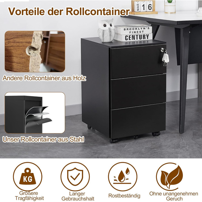 Роликовий контейнер HOMSTEEL з замком, 4 шухляди, металевий шафа, готовий до використання, для офісу та дому, білий (3 шухляди (44T x 37B x 60H cm), чорний)