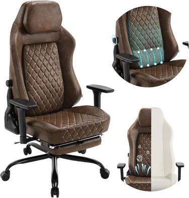 Крісло ігрове WOLTU, офісне ергономічне, з інтегрованим губчастим наповнювачем, підтримкою попереку, підставкою для ніг та підлокітниками, вінтажне, з штучної шкіри та металевим каркасом, коричневе