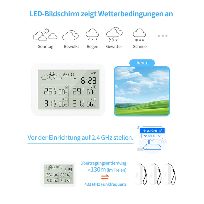 Термометр-гігрометр WIOONI Wi-Fi з LCD-дисплеєм: 3 сенсори + 1 база. Сумісний з Tuya/Smart Life