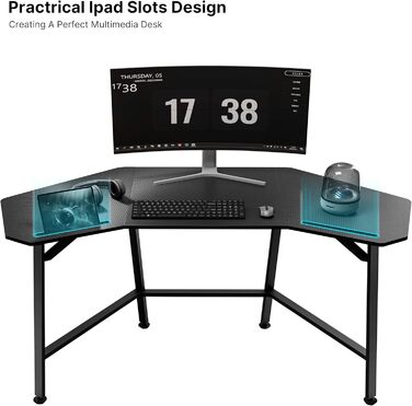 Ігровий стіл EUREKA ERGONOMIC 160x74 см - великий стіл у формі крила для ігор, ПК, дому, офісу, стрімінгу. 2 слоти для iPad. Чорний.