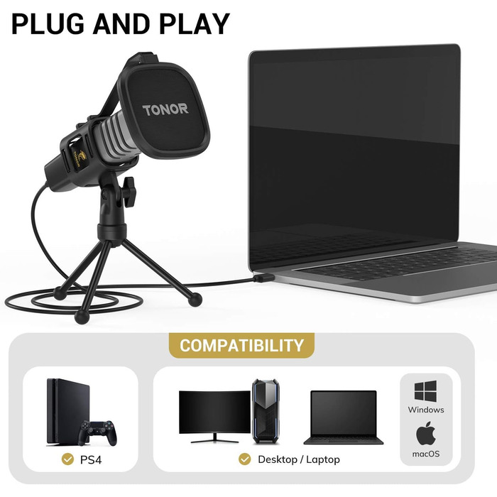 USB конденсаторний мікрофон TONOR TC30 з підставкою, поп-фільтром та павуком, кардіоїдна діаграма, для стрімінгу, подкастів, озвучування, сумісний з ПК, ноутбуком
