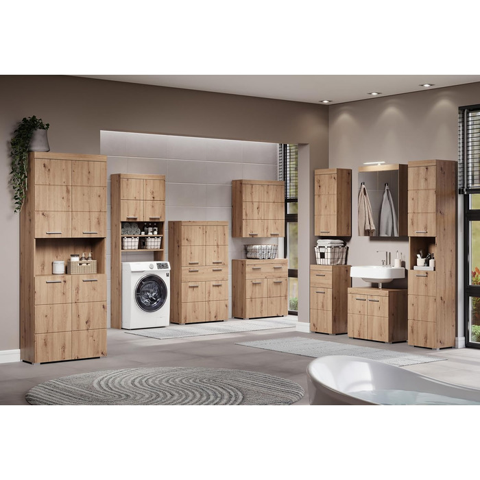 Висока шафа для ванної кімнати trendteam Amanda, 37x190x31 см, колір дуб Асте, Badschrank, сучасний дизайн