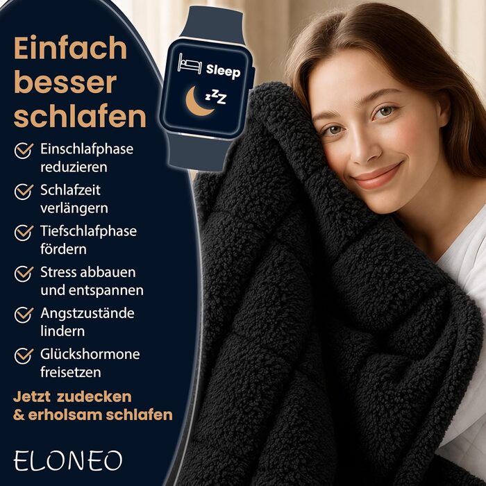Обважнююча ковдра ELONEO Sherpa Fleece 135x200 см, 7 кг, антистрес-ковдра для сну, сертифікат Oeko-Tex, чорна