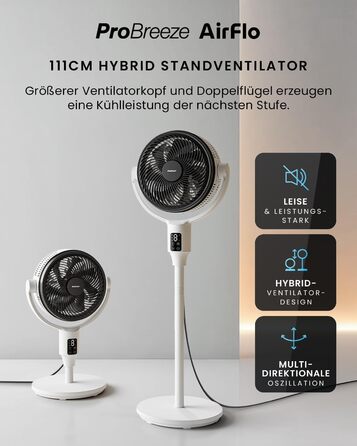 Вентилятор Pro Breeze AirFlo Standventilator 109см з пультом керування та LED-дисплеєм – 2 режими, осциляція, 29 дБ, регульована висота, енергоефективний для спальні, офісу та дому