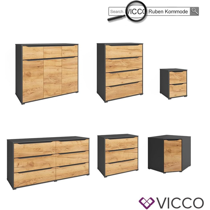 Комод Vicco Ruben антрацит/дуб Goldkraft, 40x54 см, 2 шухляди